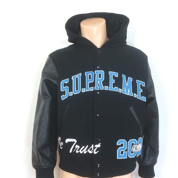 Supreme King Leather-Sleeve Hooded Varsity Jacket Black Size Medium - Picture 1 of 10